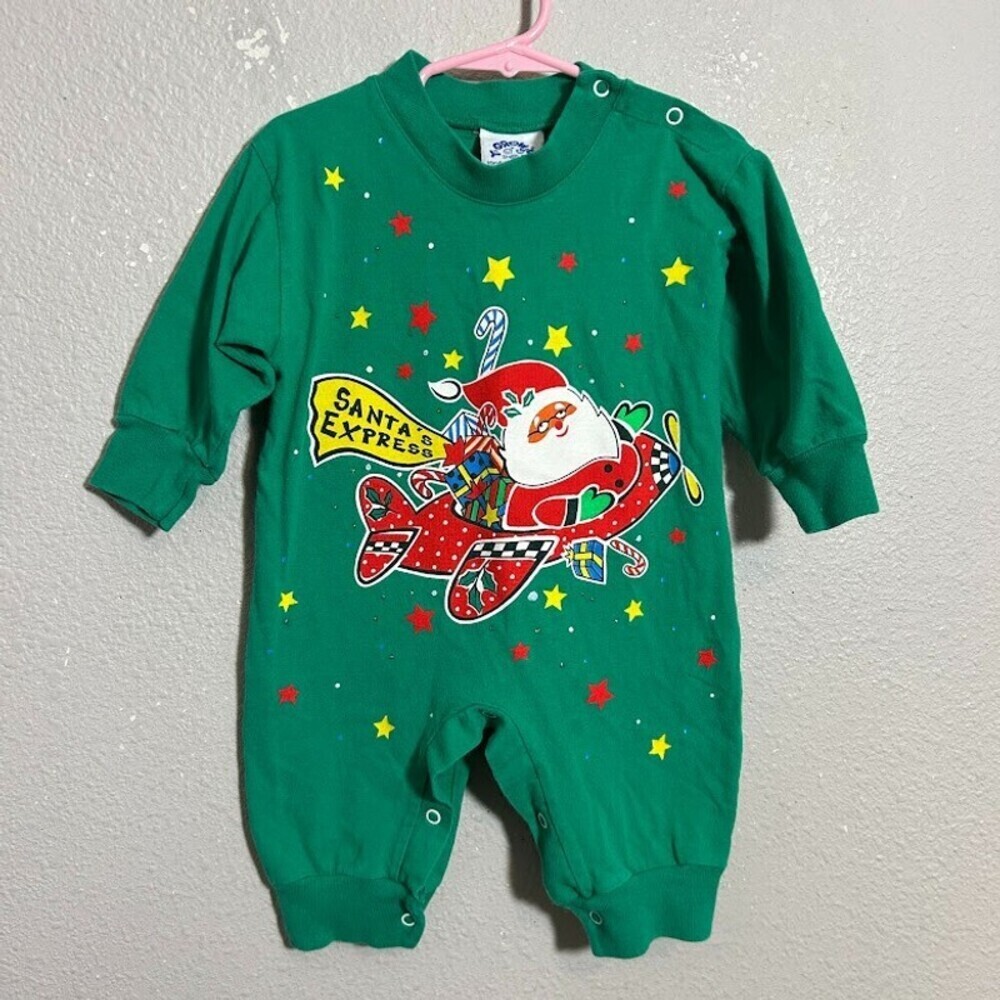 VTG 90s Baby Christmas One Piece 12-18M "Ugly Sweater" Green Santa Hand Painted - Picture 2 of 8